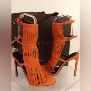 AUTHENTIC Gucci Orange Becky Suede Fringed Gladiator Heel Sandals